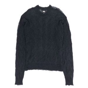 STUSSY Mohair Wool Loose Knit Cross Twist Cable Sweater Sheer Black 90s Grunge